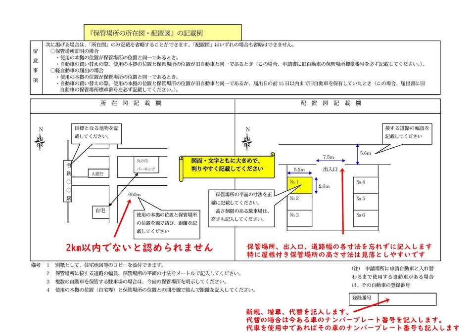 車庫届出に添付する所在図と配置図の記載例